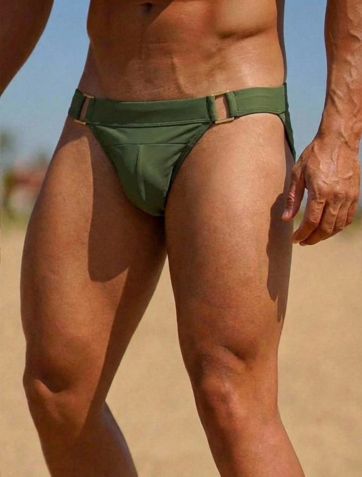 Olive swim brief with metal accents